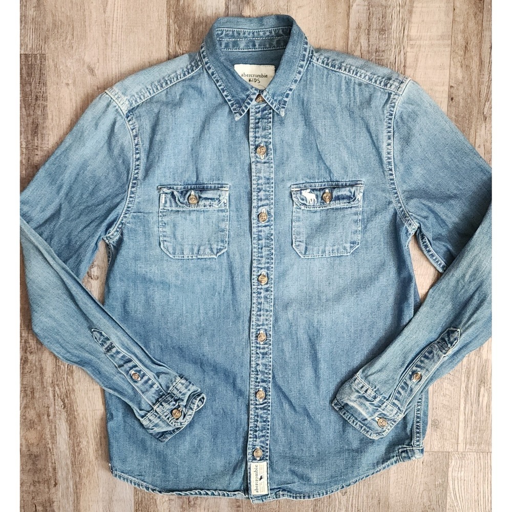 Abercrombie Kids Denim Shirt Size 11/12 BlueLong Sleeve Jean Button Up Logo Boys